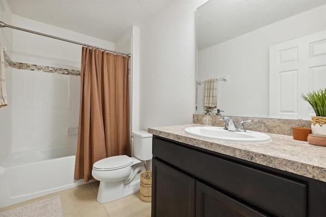 full bathroom with toilet, shower / tub combo, vanity, and tile patterned floors