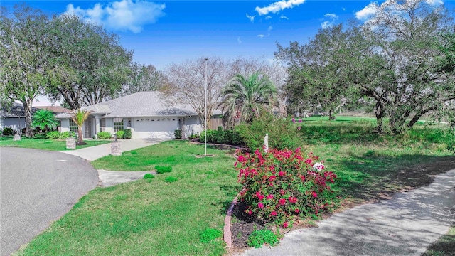 view of front of home with a front lawn, driveway, and an attached garage