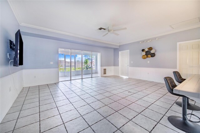 tiled office space with ornamental molding, visible vents, and a ceiling fan