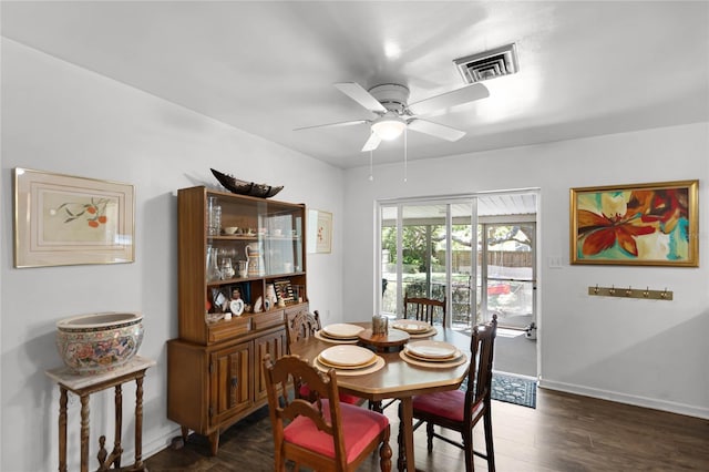 dining area with visible vents, a ceiling fan, baseboards, and wood finished floors