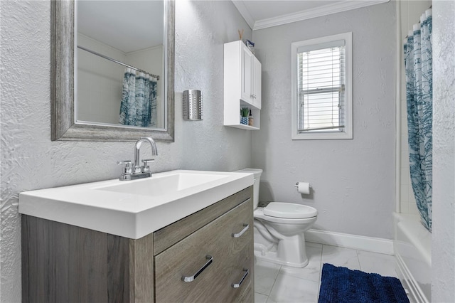 bathroom with a textured wall, toilet, baseboards, marble finish floor, and ornamental molding