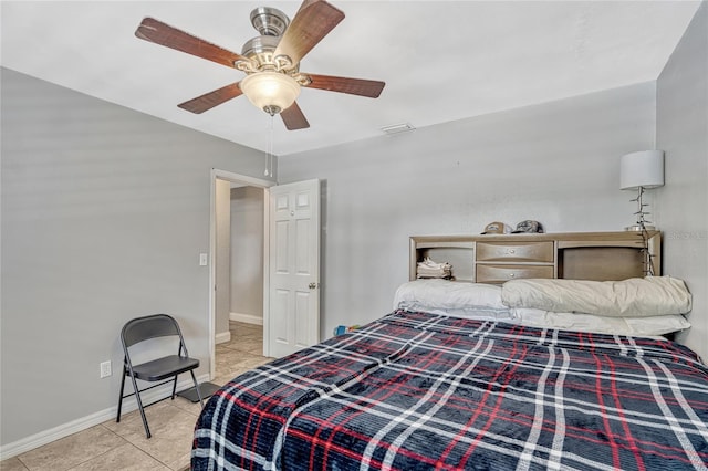 tiled bedroom with a ceiling fan, baseboards, and visible vents