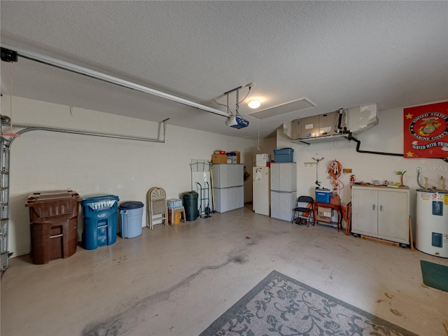 garage featuring water heater, refrigerator, and a garage door opener
