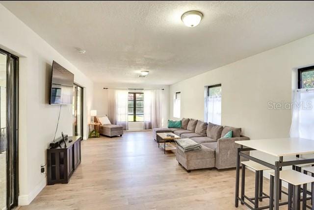 living area with a textured ceiling and light wood-style floors