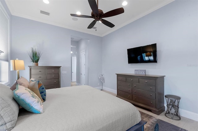 bedroom with visible vents, crown molding, baseboards, ceiling fan, and recessed lighting