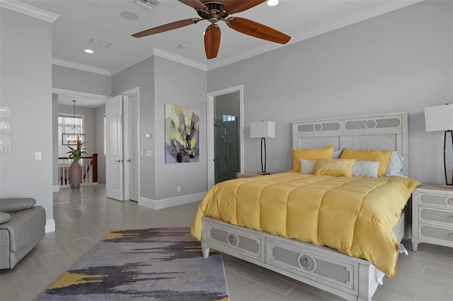 bedroom with visible vents, ornamental molding, recessed lighting, connected bathroom, and baseboards