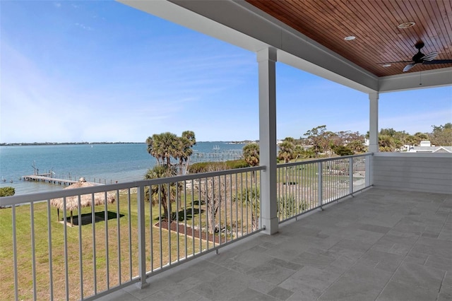 balcony featuring a ceiling fan and a water view