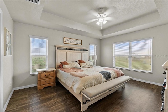 bedroom with multiple windows, a raised ceiling, and dark wood finished floors