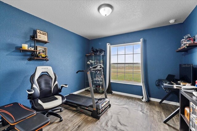 workout room with baseboards, a textured ceiling, and wood finished floors