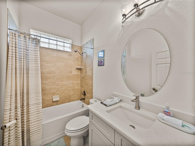 full bathroom featuring vanity, toilet, and shower / tub combo