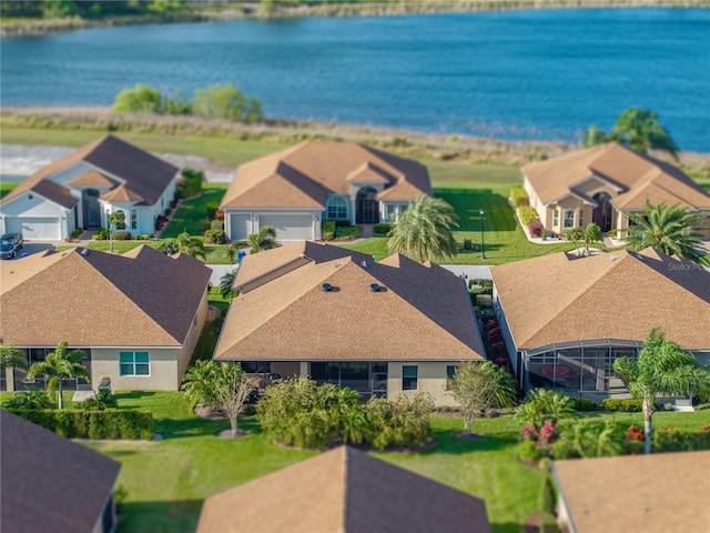 birds eye view of property with a residential view and a water view