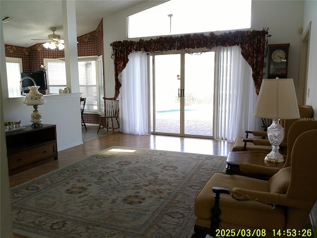 living room featuring a healthy amount of sunlight, wood finished floors, and a ceiling fan