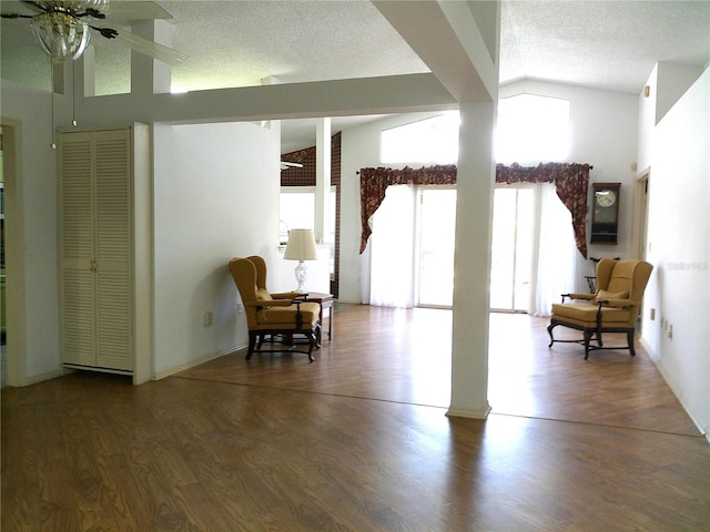 sitting room featuring vaulted ceiling, a ceiling fan, wood finished floors, and a textured ceiling