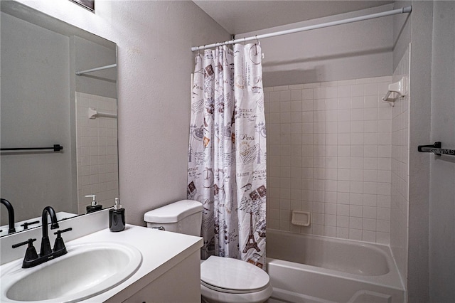 bathroom with toilet, vanity, a textured wall, and shower / bathtub combination with curtain