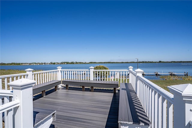 dock area with a deck with water view