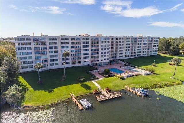 drone / aerial view with a water view