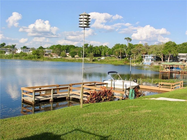 dock area with a water view and a lawn