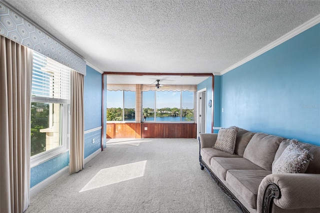 living room with carpet flooring, a textured ceiling, and crown molding