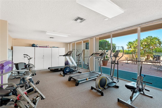 gym featuring visible vents, a textured ceiling, and floor to ceiling windows