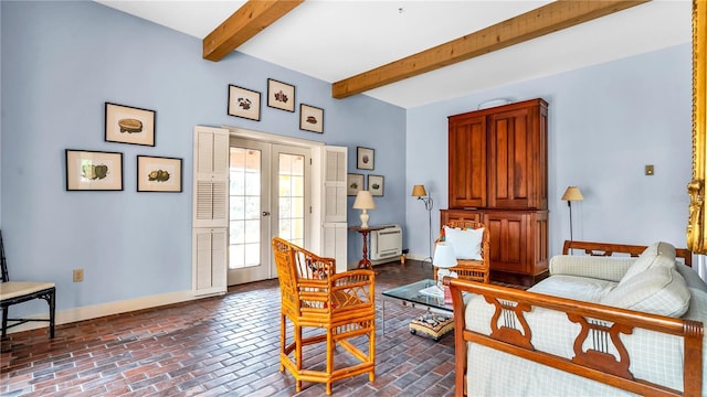 interior space featuring brick floor, french doors, baseboards, and beamed ceiling