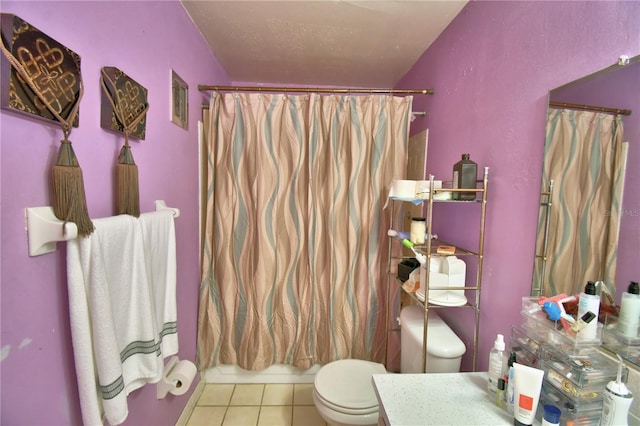 bathroom with tile patterned floors, visible vents, toilet, curtained shower, and vanity