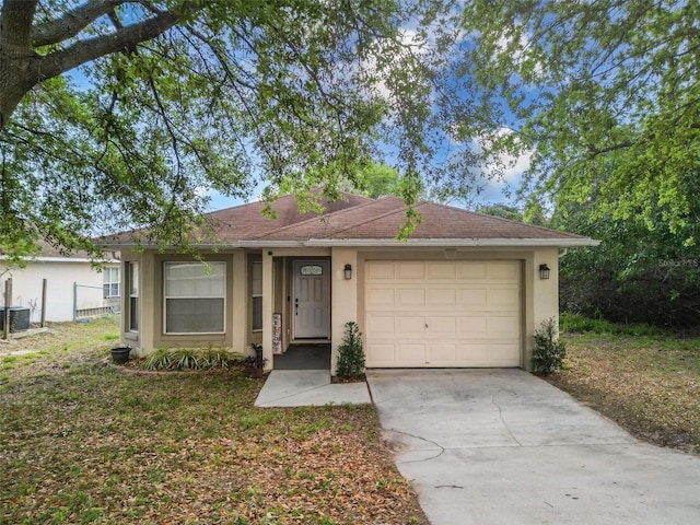 ranch-style home featuring stucco siding, driveway, roof with shingles, and an attached garage