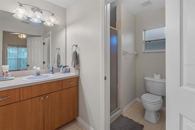 bathroom featuring tile patterned floors, visible vents, and a stall shower