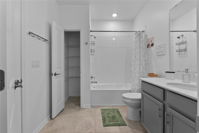 full bath with tile patterned flooring, vanity, toilet, and shower / tub combo with curtain