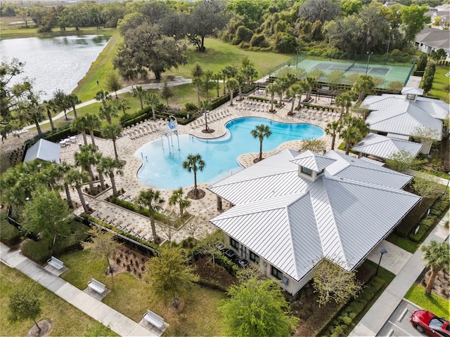 birds eye view of property featuring a water view