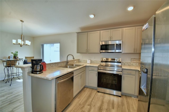 kitchen featuring gray cabinetry, a sink, stainless steel appliances, light wood-style floors, and a peninsula