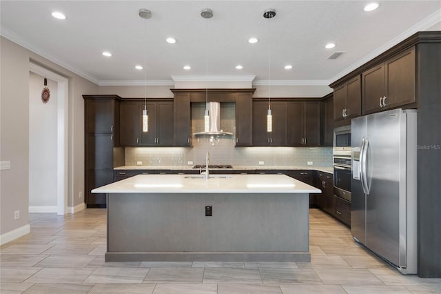 kitchen featuring extractor fan, appliances with stainless steel finishes, dark brown cabinetry, and light countertops