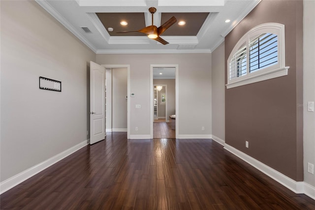 unfurnished bedroom with dark wood finished floors, visible vents, coffered ceiling, and baseboards