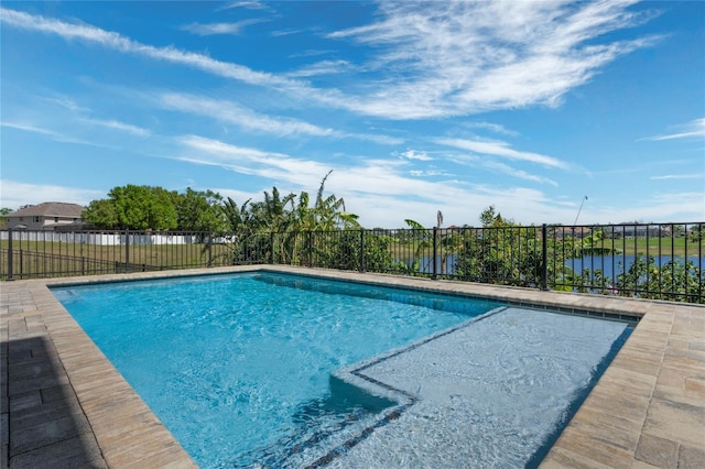 view of swimming pool featuring fence and a fenced in pool