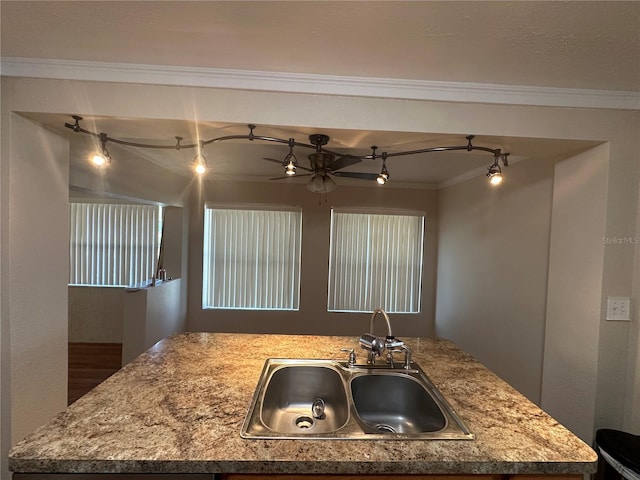 kitchen with a kitchen island with sink, ceiling fan, ornamental molding, a sink, and rail lighting