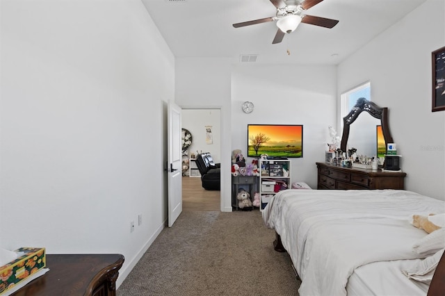 747 Fraser Ct, Kissimmee, FL 34759 - bedroom featuring vaulted ceiling, visible vents, carpet floors, and ceiling fan