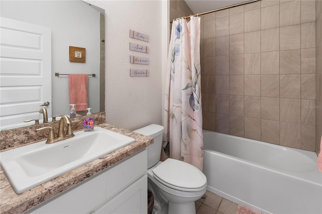 full bath with vanity, shower / bath combination with curtain, toilet, and tile patterned floors