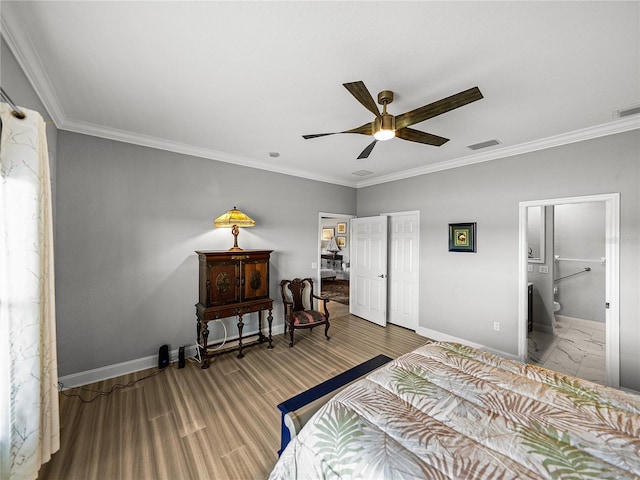 bedroom with crown molding, baseboards, and visible vents