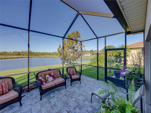 sunroom with a water view