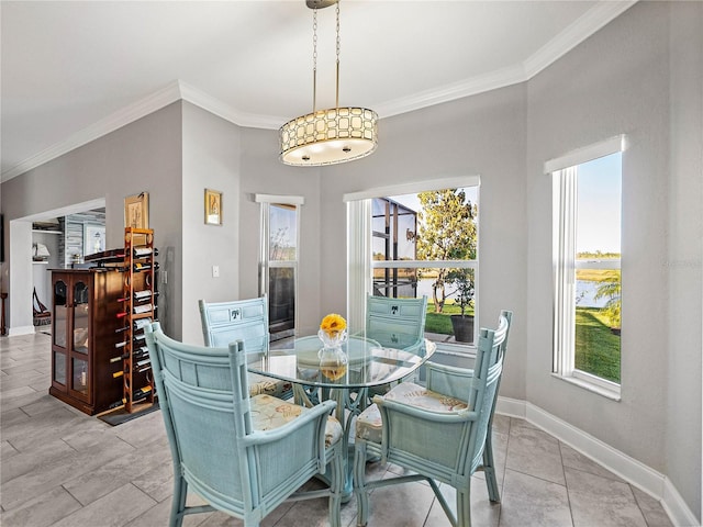 dining room featuring crown molding, baseboards, and a wealth of natural light