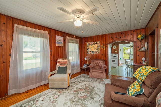living area featuring arched walkways, ceiling fan, a wealth of natural light, and wood finished floors