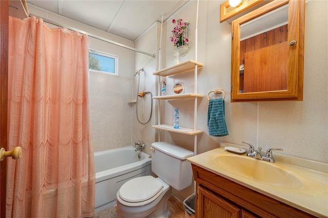 full bath with vanity, toilet, and shower / tub combo with curtain