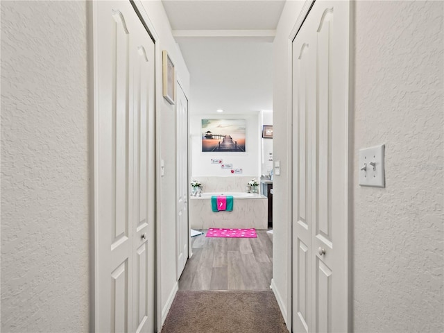 hall featuring carpet flooring and a textured wall