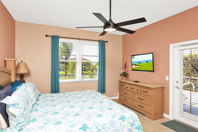 bedroom with baseboards, a ceiling fan, access to exterior, and light tile patterned flooring