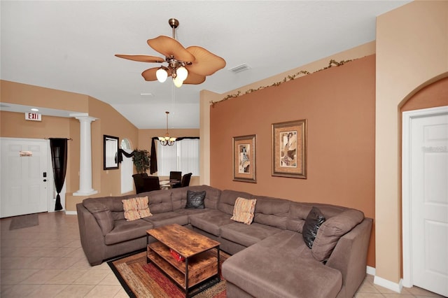 living room featuring light tile patterned flooring, visible vents, lofted ceiling, and ornate columns