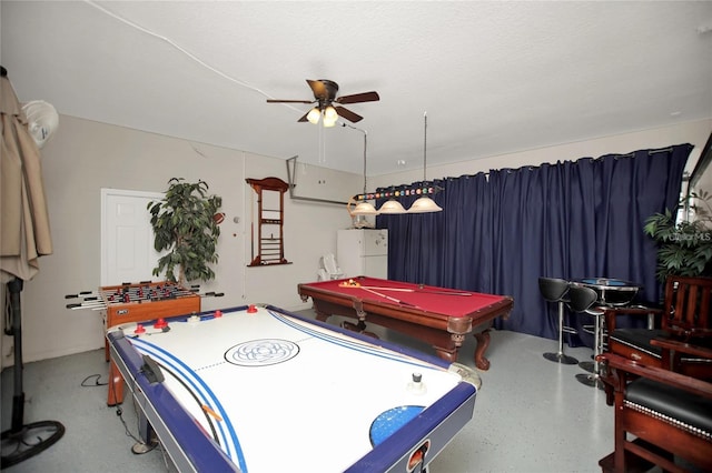 rec room with speckled floor, ceiling fan, and pool table