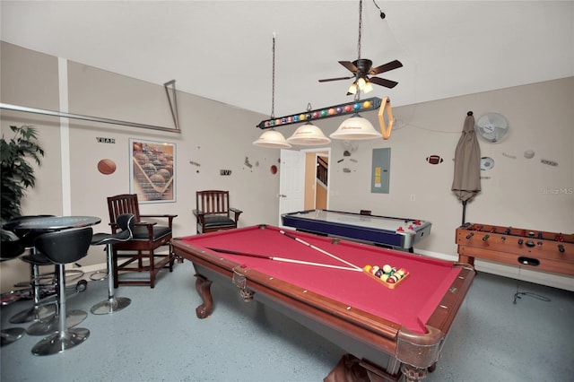 recreation room with pool table, electric panel, speckled floor, and ceiling fan