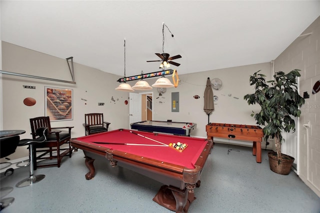 playroom featuring electric panel, pool table, speckled floor, and ceiling fan