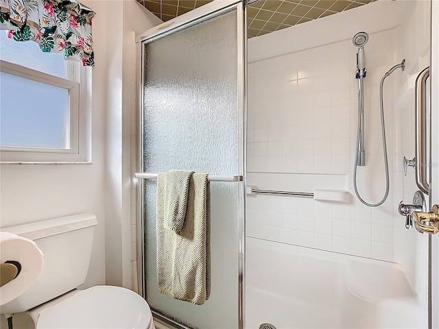 full bathroom with a shower stall and toilet