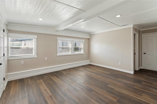 spare room featuring recessed lighting, ornamental molding, baseboards, and dark wood-style flooring