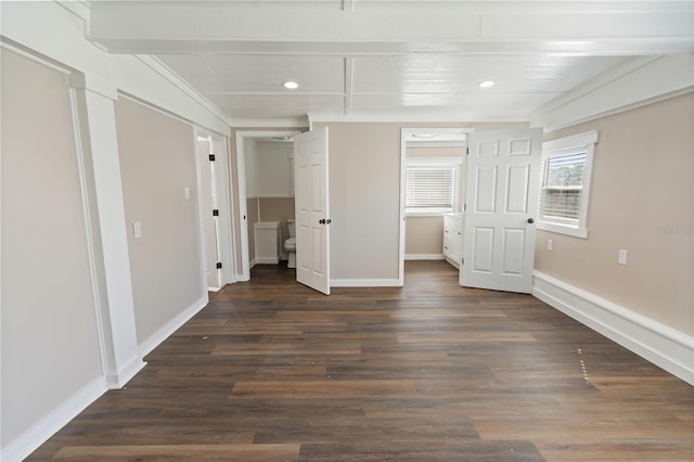 unfurnished bedroom featuring recessed lighting, ornamental molding, baseboards, and dark wood-style flooring